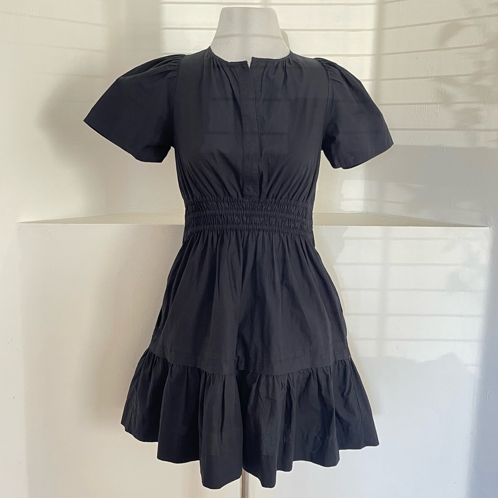 Anthropologie The Somerset Black Poplin Cotton Tiered Mini Dress